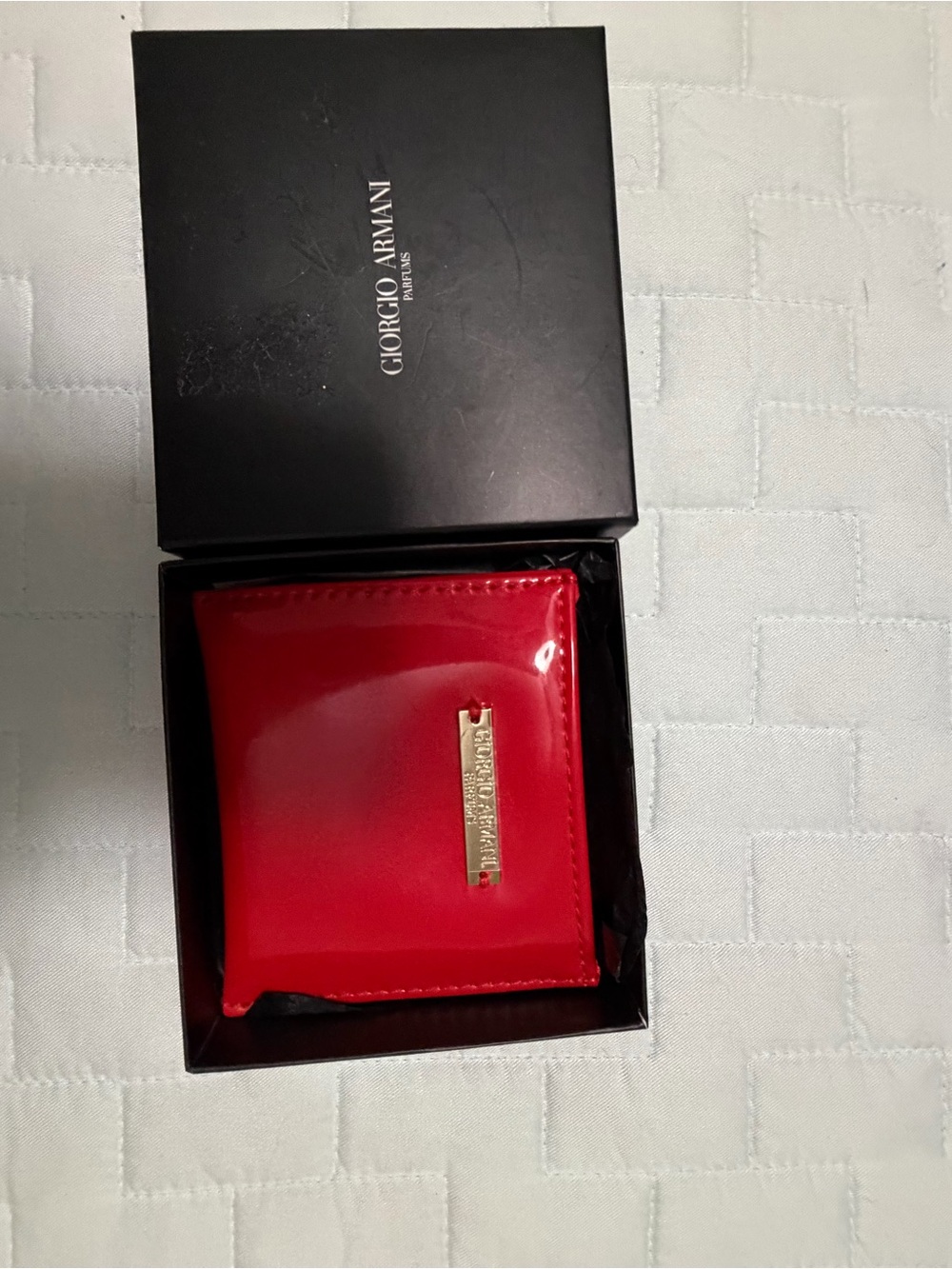 Giorgio Armani Red Leather Mirror with Gold Logo Plate in box